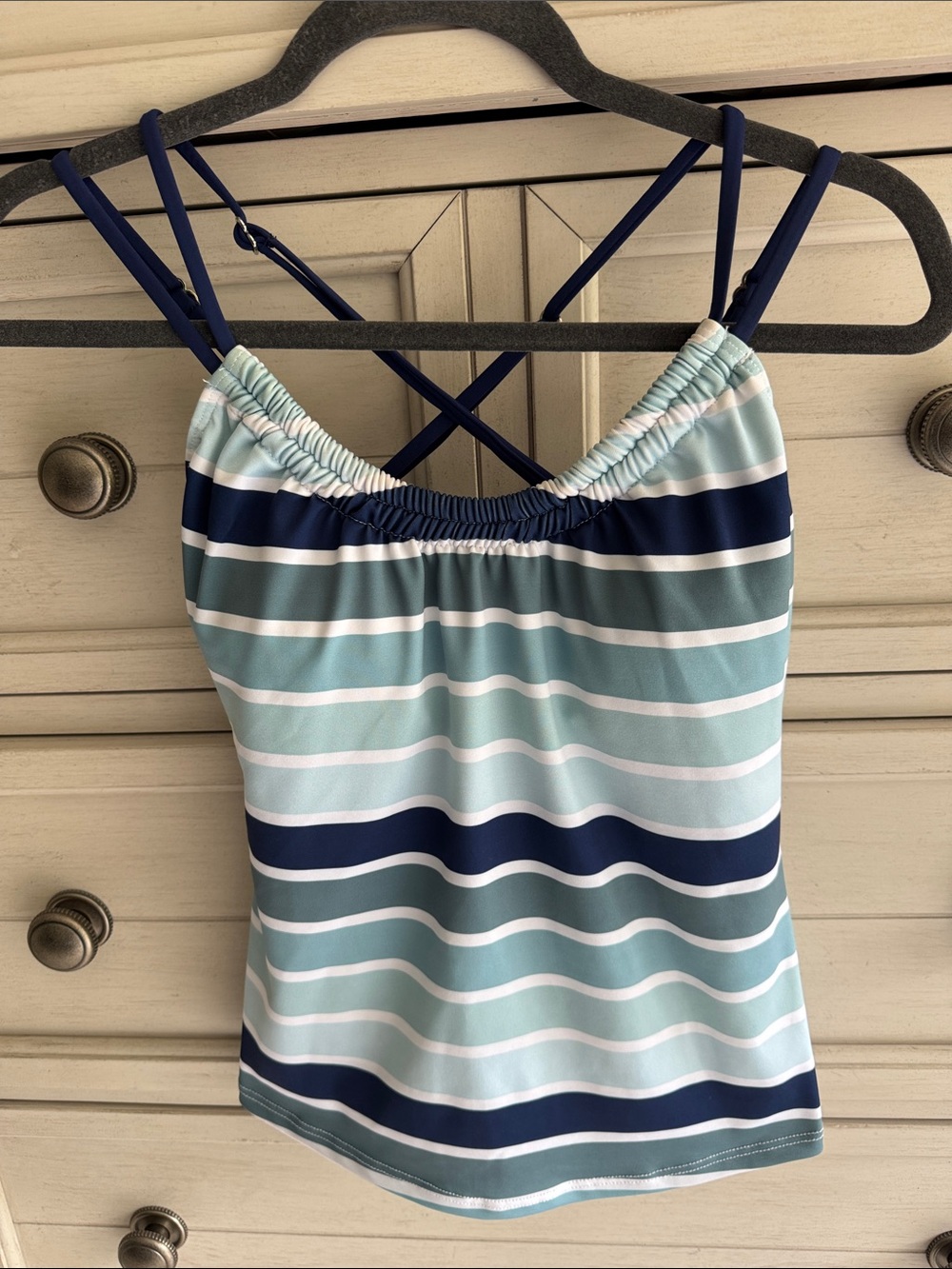 next Striped Seafoam Teal Navy Swim Tankini with Crisscross Straps SZ M